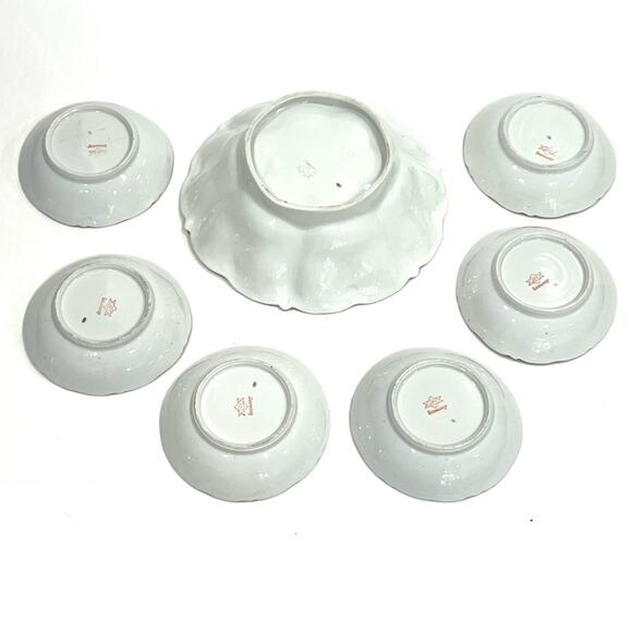 Antique Vintage JPF Germany Bowl Set Large & 6 Small Salad Soup Pasta Flower - Picture 6 of 15